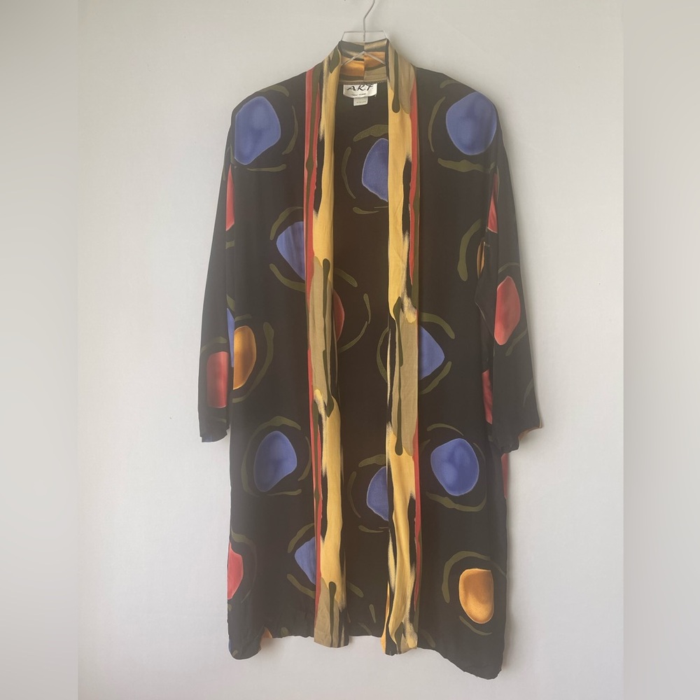 80s Rayon Geometric Primary Color Kimono Jacket Coverup M - Picture 4 of 15